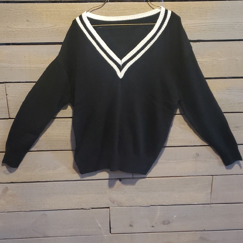 Black V-Neck Sweater with White Trim